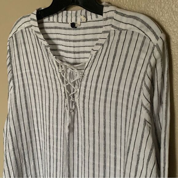 BKE Eased Black and White Striped Long Sleeve Cotton Tunic with Tie Size Large - Picture 5 of 9